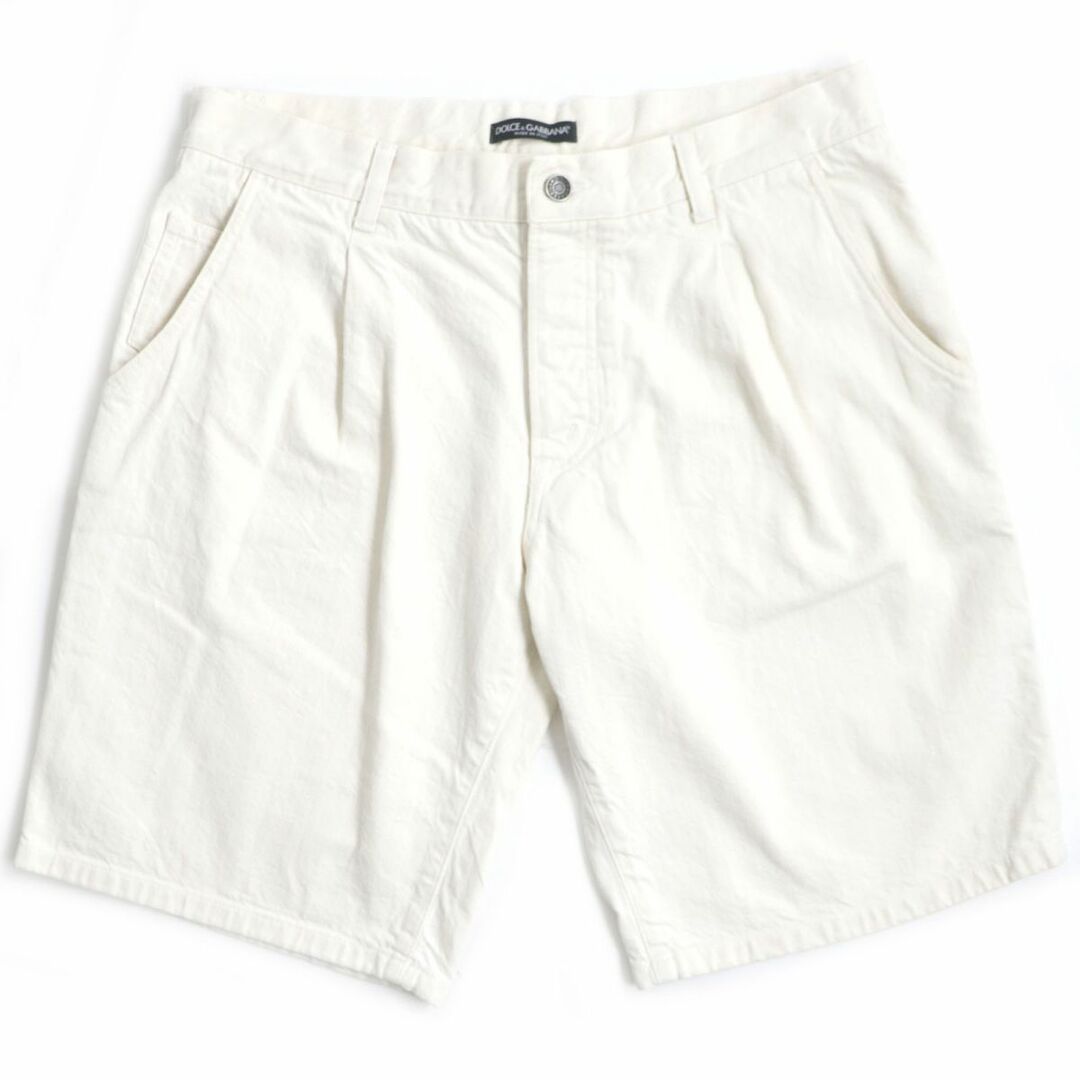 良品▼DOLCE＆GABBANA ドルチェ＆ガッバーナ ボタンフライ レザーロゴパッチ付き ハーフパンツ アイボリー 50 メンズ イタリア製 正規品